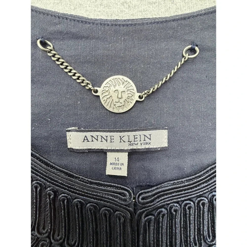 Anne Klein Jacket Womens 14 Blue Linen Blend Embroidered Collar Open Front